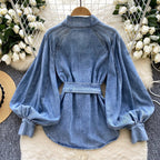 Retro Lace-up Waist-controlled Stand-up Collar Puff Sleeve Denim Top