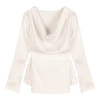 High-end Irregular Bell Sleeve Waist-tight Graceful Satin Long Sleeve Shirt