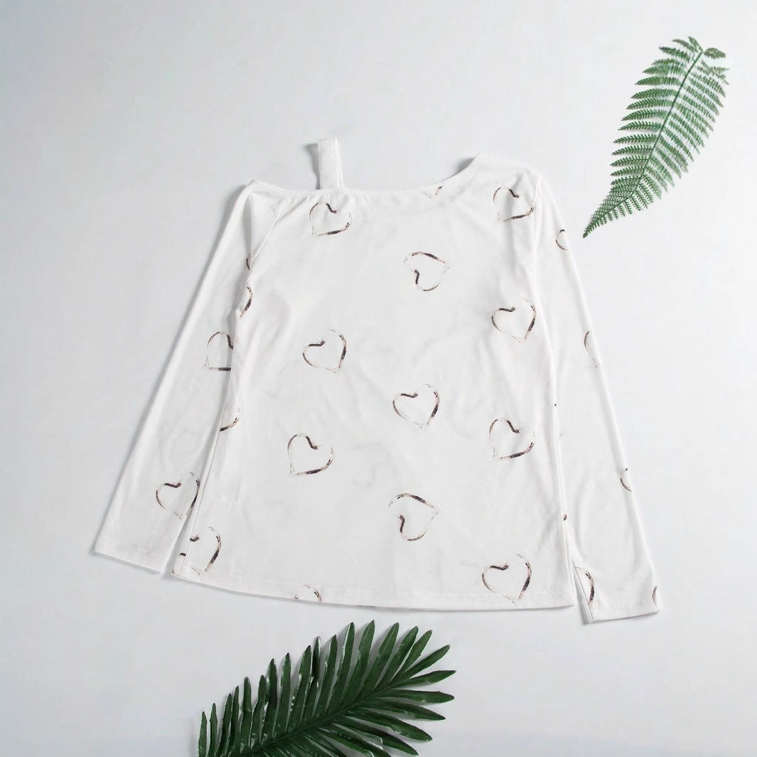 Heart Printing Women's Strapless Sexy Pullover Long Sleeve T-shirt