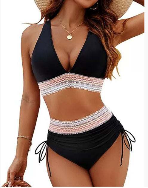 High Waisted Bikini Set With Color Blocking Drawstring Swimsuit