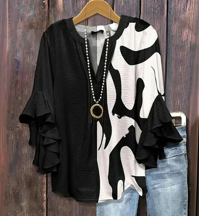 Women's Creative Printing Casual V-neck Lotus Sleeve T-shirt