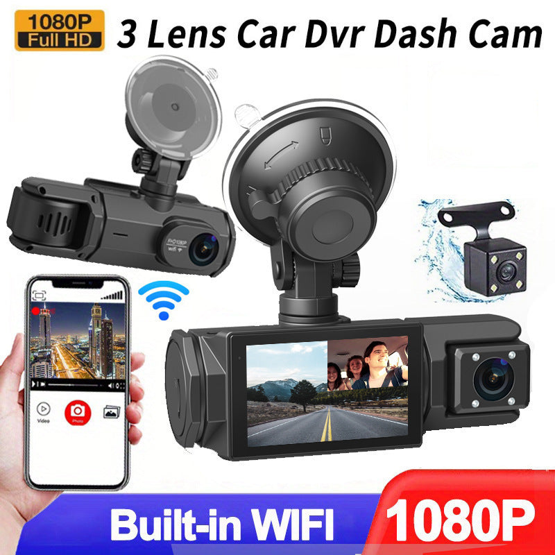 HD 1080p Driving Recorder Three-lens Same Display With Reversing Image Mobile Phone WIFI Car DVR