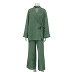 Casual Striped Cross Design Lace-up Long Sleeve Top Wide Leg Pants Two-piece Set