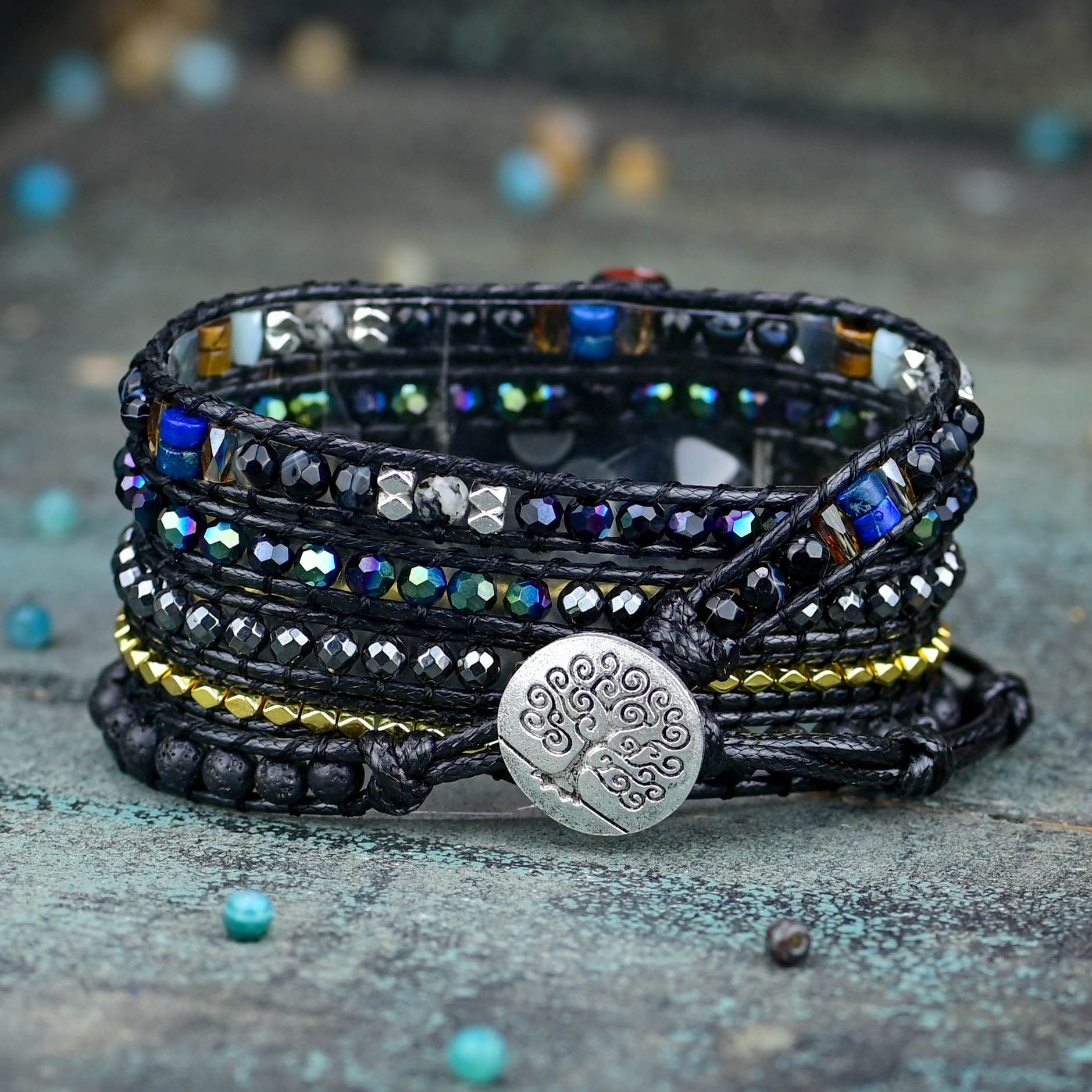 Black Retro Woven Watch Band  Natural Stone Bead Strap Bracelet