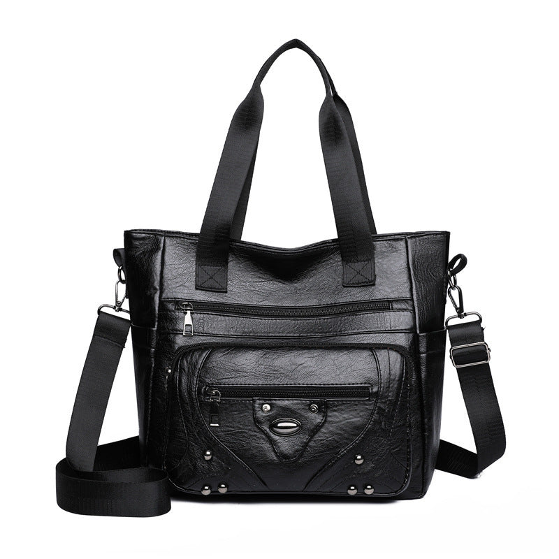 Large Capacity Soft Leather Washed Leisure Commute Shoulder Bag