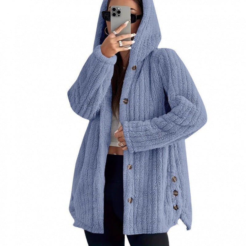 Women's Solid Color Long Sleeve Hooded Loose Plush Coat