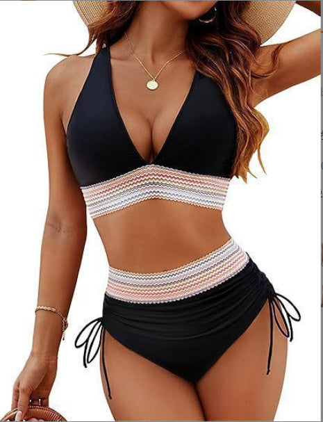 High Waisted Bikini Set With Color Blocking Drawstring Swimsuit